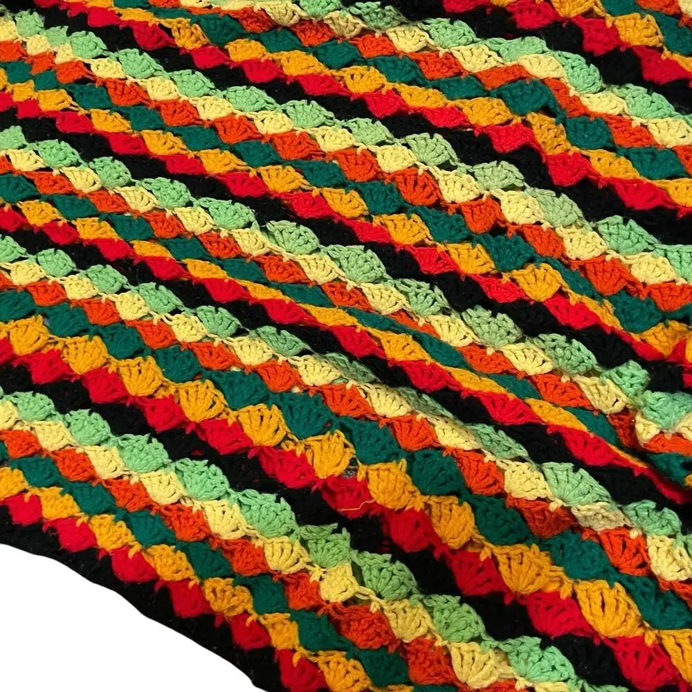 Crochet Throw Blanket Fringe Handmade Multicolored Cozy Gift Boho Decor Flawed